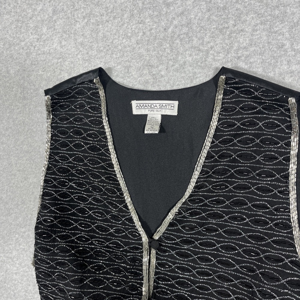 Amanda Smith L Pure Silk Black Beaded Dressy Vest Button Fairygoth Gothic Fairy - Picture 2 of 7